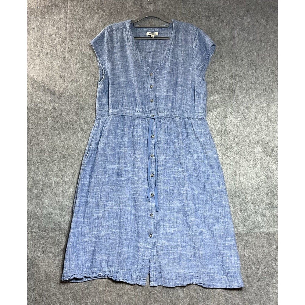 Briggs Dress Womens XL Blue Button Front Pockets Linen Blend Midi Cottage Y2K